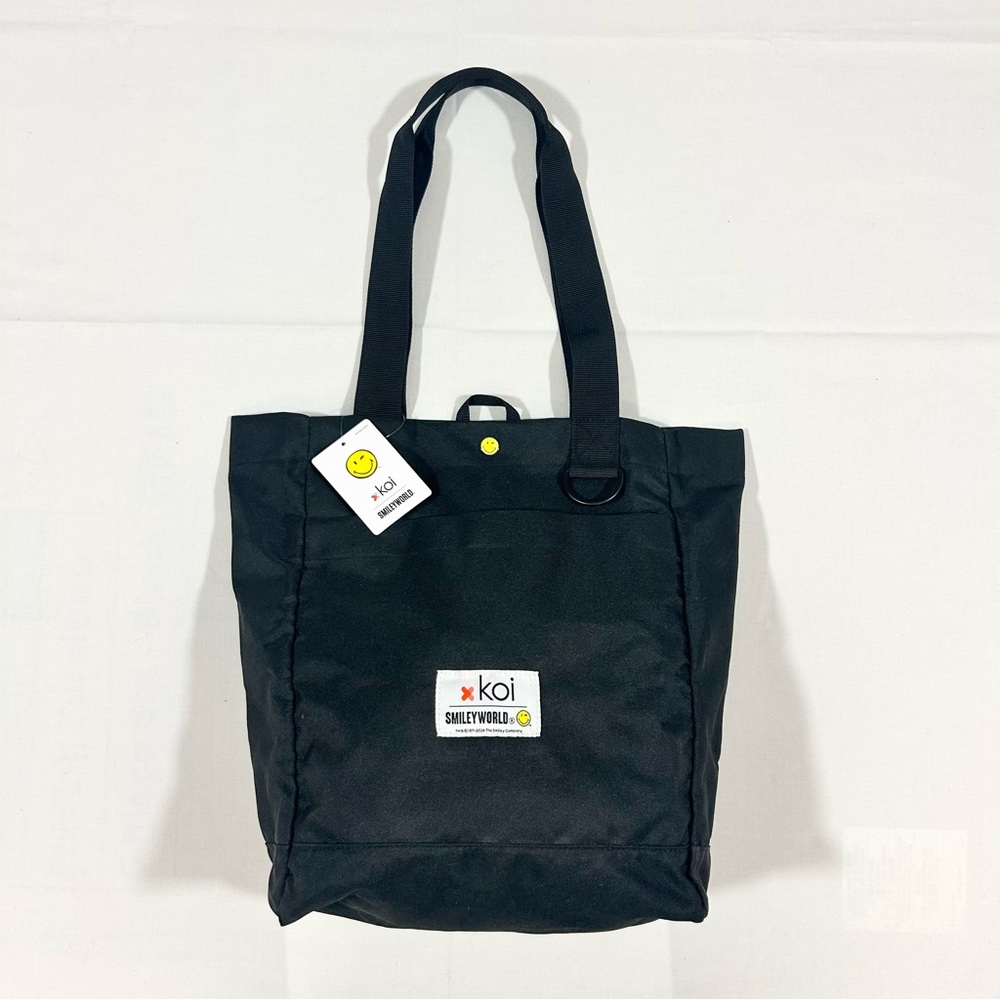 NWT Koi X Smiley World Grocery Bag Beach Tote Multi Pockets Reusable Black Rare